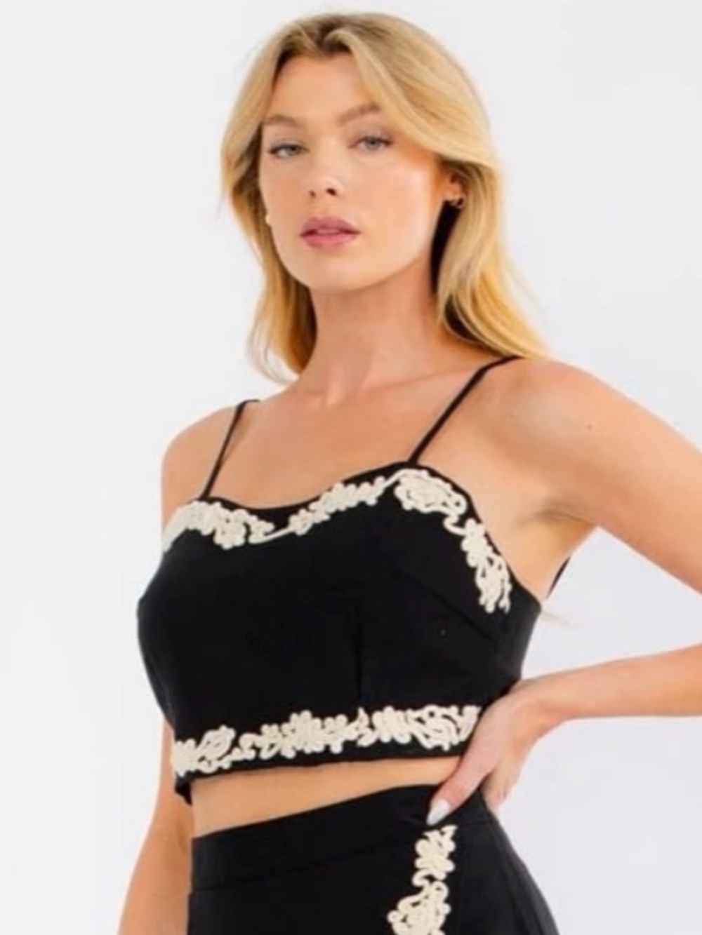 A636b Black Camisole with Cream Lace Appliqué - Women Tops